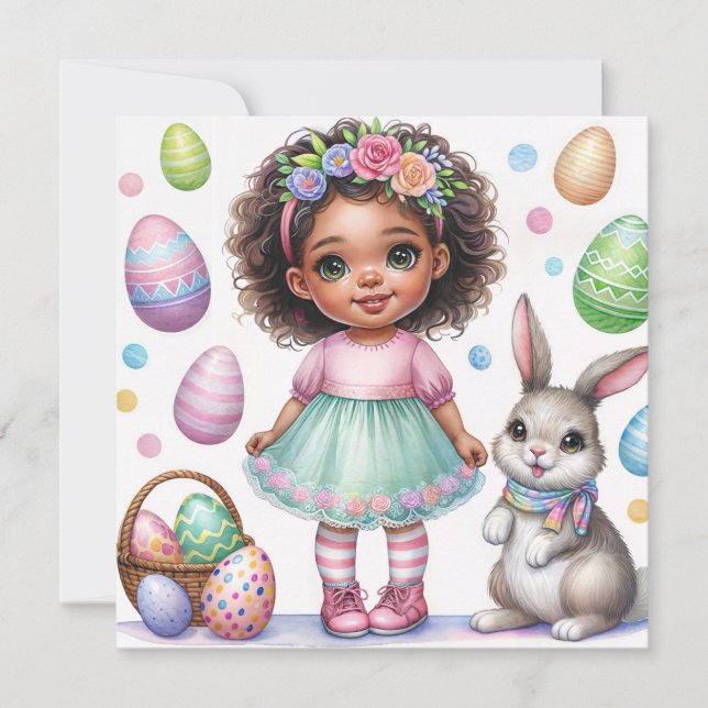 Easter Eggs Black Girl Bunny Watercolor Invitation (Front)