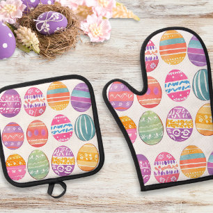 Easter Eggs Colourful Patterned Pretty Oven Mitt & Pot Holder Set