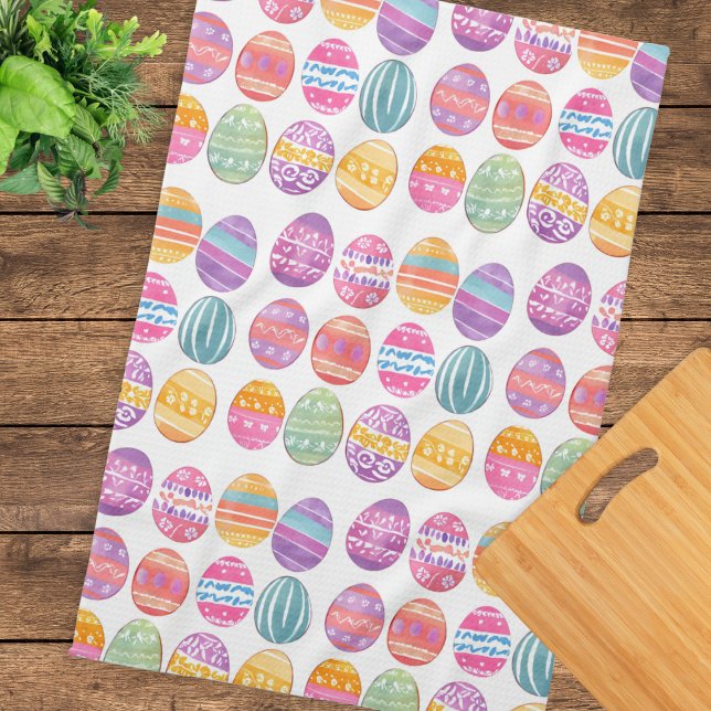 Easter Eggs Colourful Patterned Pretty Tea Towel (A kitchen tea towel with colorful pattern of Easter eggs in a watercolor style)