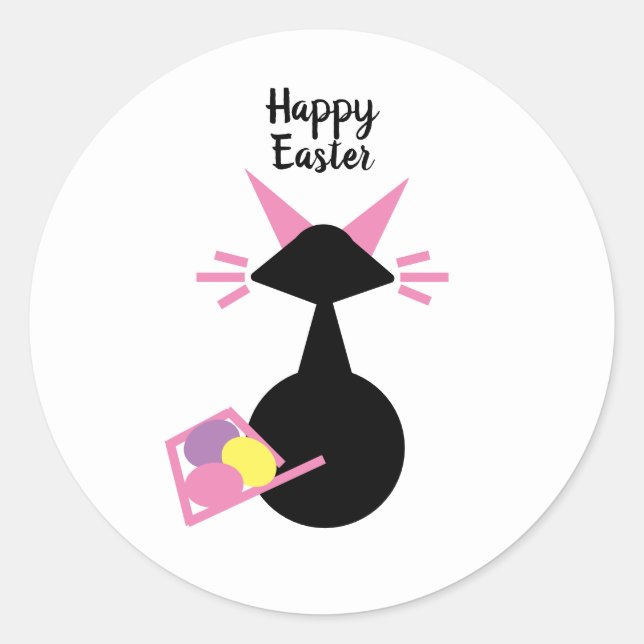 Easter Eggs Cute Pink Kitty Black Cat Easter Classic Round Sticker (Front)