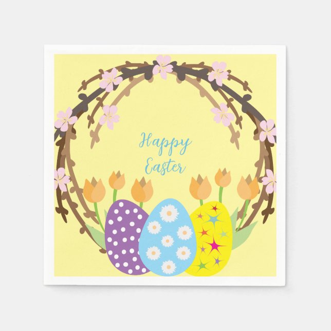 Easter Eggs Floral Wreath Custom Yellow Blue Pink  Napkin (Front)