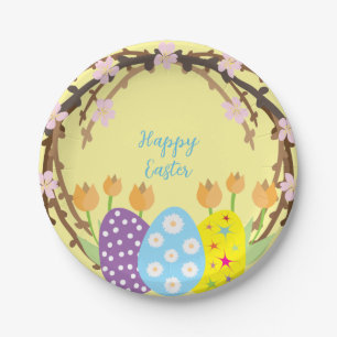 Easter Eggs Floral Wreath Custom Yellow Blue Pink Paper Plate