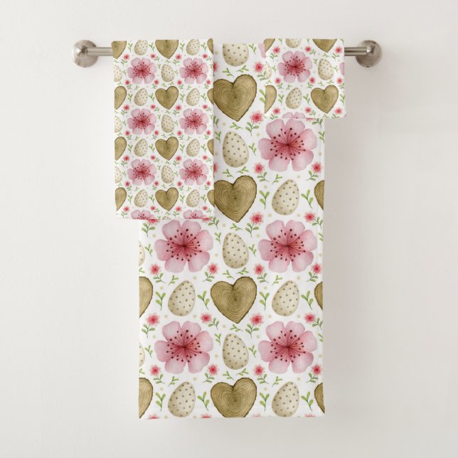 Easter Eggs Flowers and Wooden Hearts  Bath Towel  (Insitu)