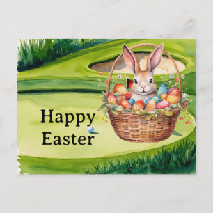 Easter eggs for golfer on green grass  holiday postcard