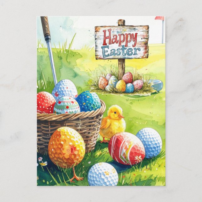 Easter eggs for golfer on green grass  holiday postcard (Front)