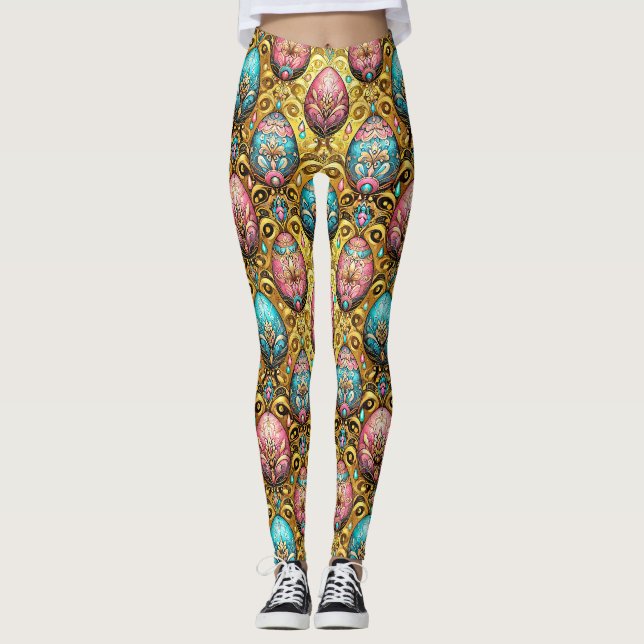 EASTER EGGS ~ Gold Aqua Dusky Pink 3D~ Leggings (Front)