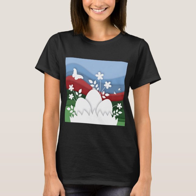 Easter eggs hunt in wavy spring nature T-Shirt (Front)