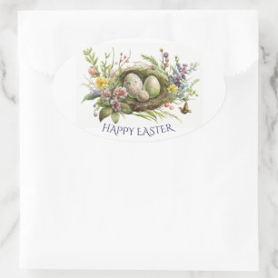 Easter Eggs In A Floral Bird Nest Oval Sticker