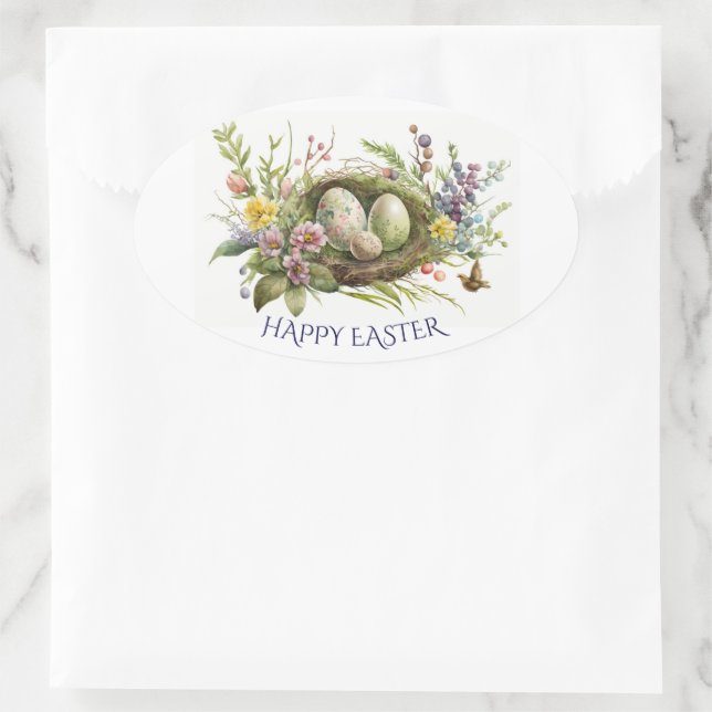Easter Eggs In A Floral Bird Nest Oval Sticker (Bag)