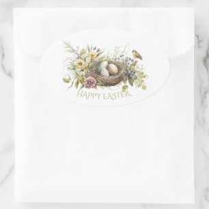 Easter Eggs In A Floral Bird Nest Oval Sticker