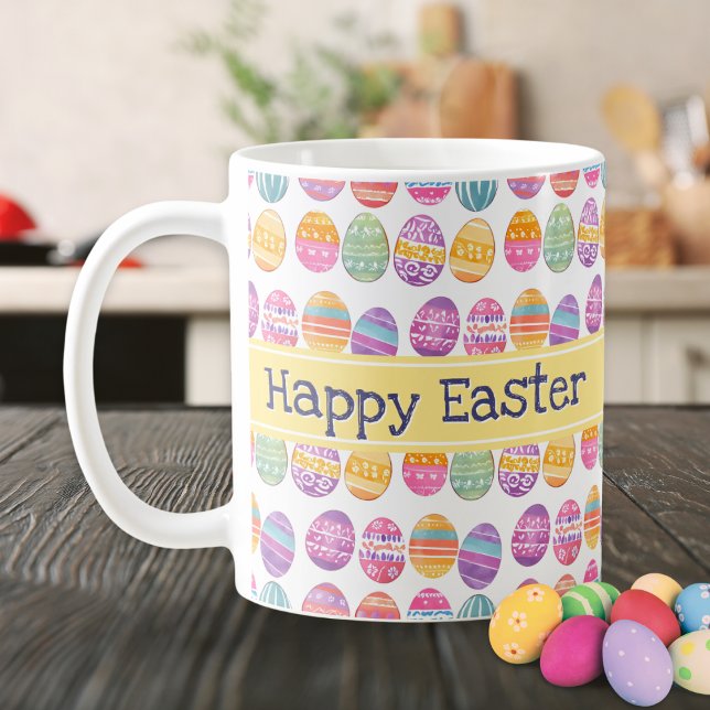 Easter Eggs Patterned Colourful Personalised Name Coffee Mug (A colorful mug with 'Happy Easter' words, Easter eggs pattern and personalized name on the back)