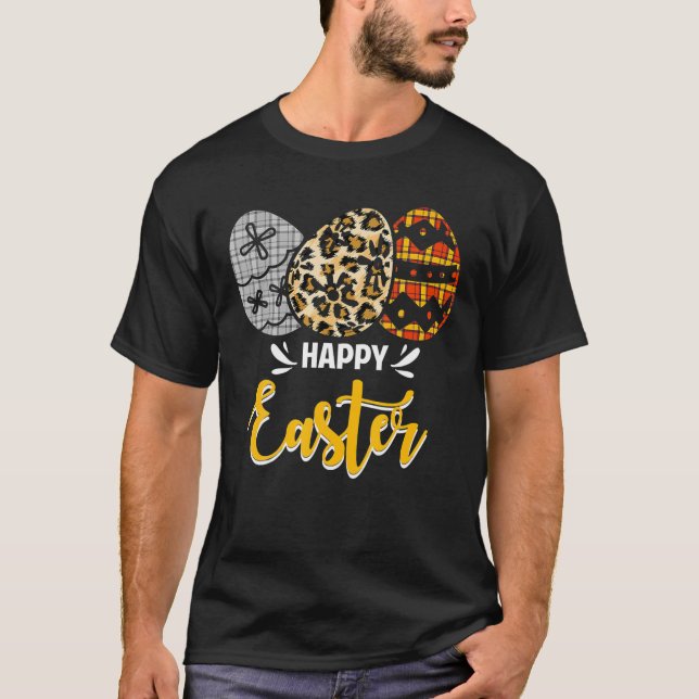 Easter Eggs Plaid Leopard Christian Holiday Pascha T-Shirt (Front)