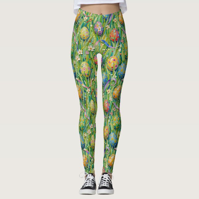 EASTER EGGS ~ Pretty Green Background 3D~ Leggings (Front)