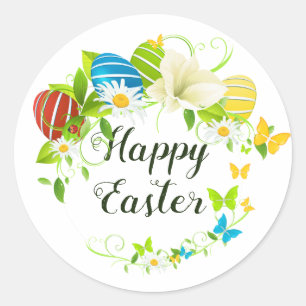 Easter Eggs Spring Flowers and Butterflies Wreath Classic Round Sticker