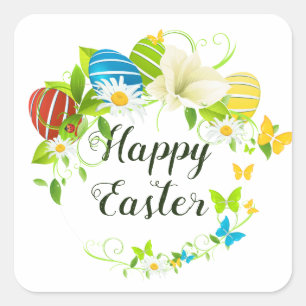 Easter Eggs Spring Flowers and Butterflies Wreath Square Sticker