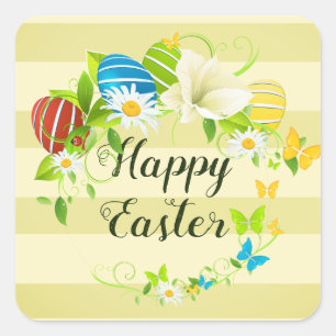 Easter Eggs Spring Flowers and Butterflies Wreath Square Sticker