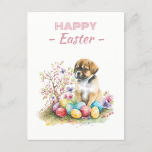 Easter Eggs Watercolor Puppy Cherry Blossoms Postcard