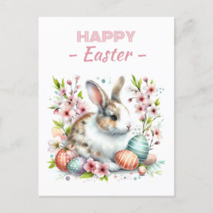 Easter Eggs Watercolor Rabbit Cherry Blossoms Postcard