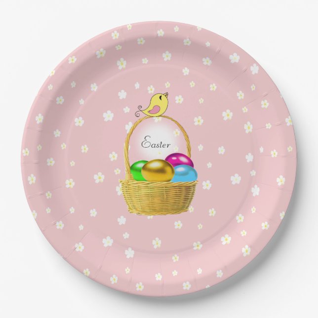 Easter Eggs & White Flower Pattern on Light Pink Paper Plate (Front)
