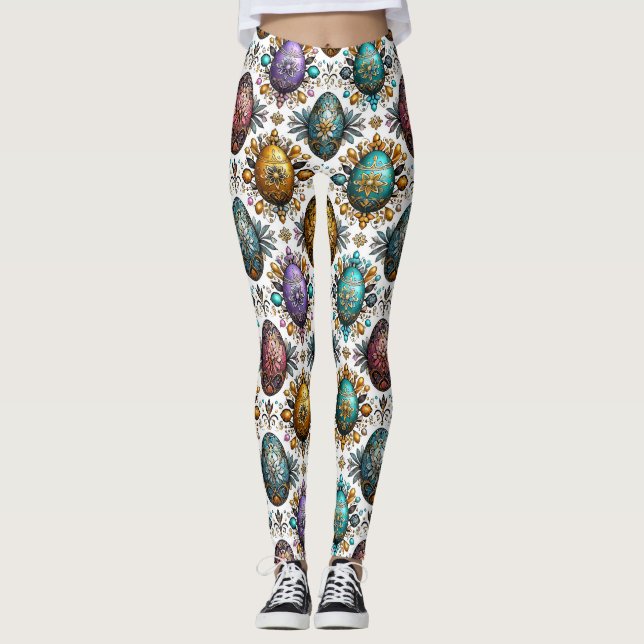 EASTER EGGS ~ White Multicoloured 3D ~  Leggings (Front)