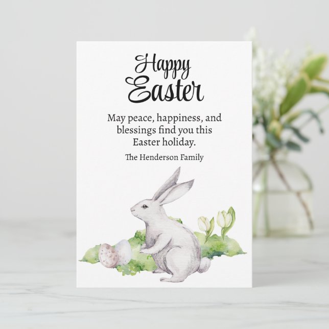Easter Eggs & White Rabbit Watercolor Happy Easter Holiday Card (Standing Front)