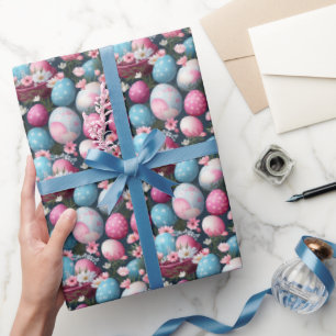 Easter Eggs Wicker Nest Dark Floral Pattern Wrapping Paper