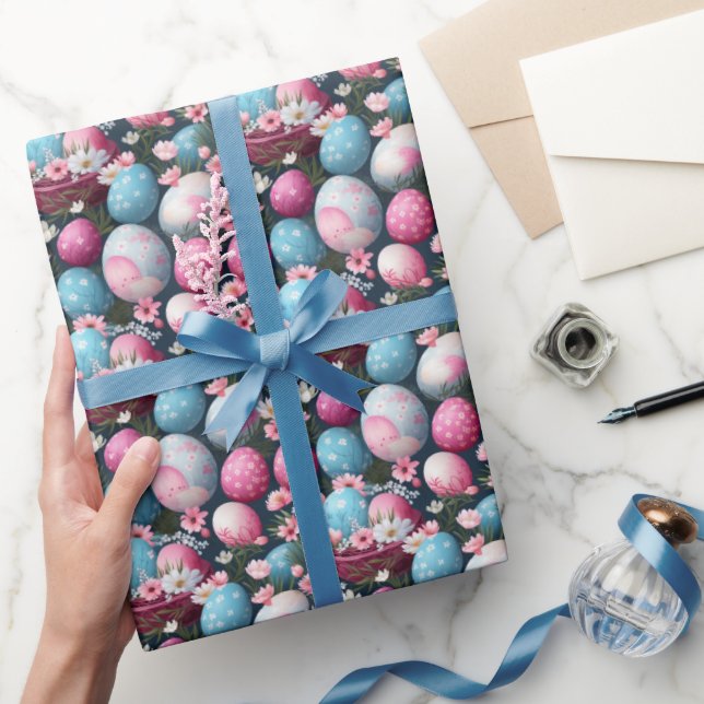 Easter Eggs Wicker Nest Dark Floral Pattern Wrapping Paper (Gifting)