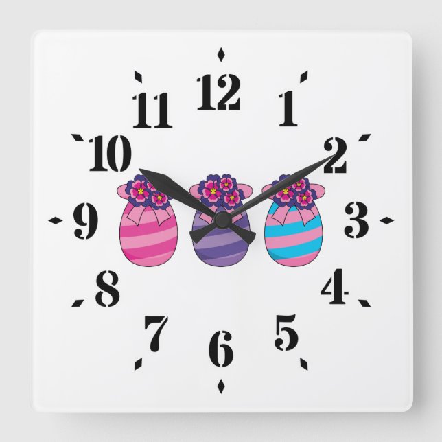 Easter Eggs with Flowers and Ribbon Square Wall Clock (Front)