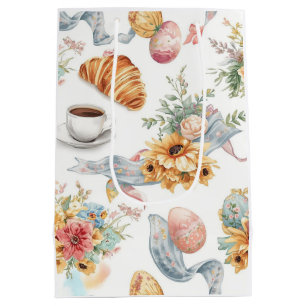 Easter eggs with tea and flowers watercolor medium gift bag