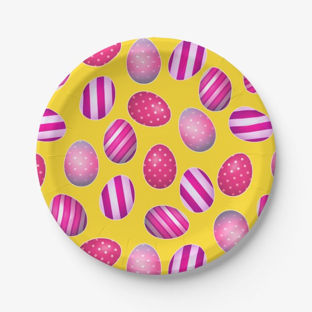 Easter Eggs Yellow and Pink Pattern Paper Plate (Front)
