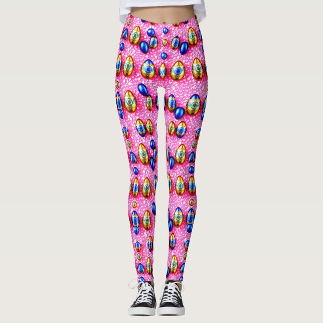 EASTER EGGS ~ Yellow Bright Pink Blue 3D~ Leggings (Front)