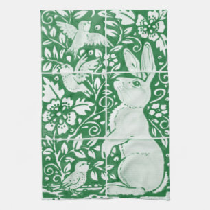 Easter Emerald Green Rabbit Bird Floral Tile Art Tea Towel