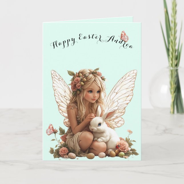Easter Fairy  Pink Roses White Rabbit Butterflies  Card (Front)