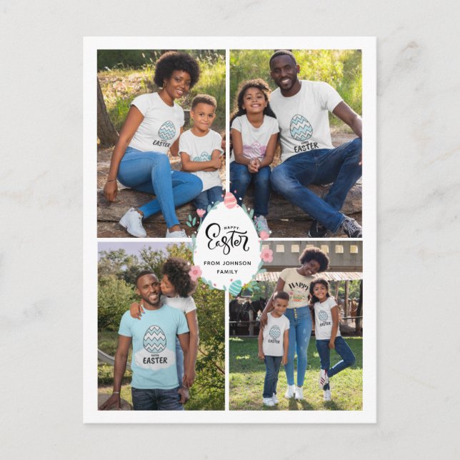 Easter Family 4 Photo Collage & Egg Personalised Postcard (Front)