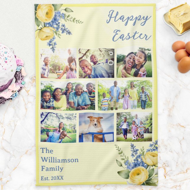 Easter Family Photo Collage Spring Flowers Yellow Tea Towel (A pretty yellow Easter kitchen towel with multi photo collage, custom family name and Spring flowers)