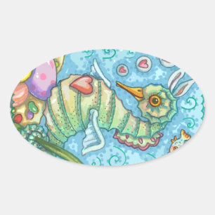 EASTER FANTASY, CUTE SPRING SEAHORSE STICKERS Oval