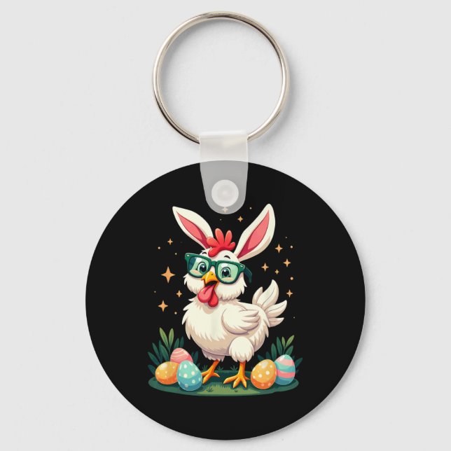 Easter Farmer Bunny Chicken Egg Hunting  Key Ring (Front)
