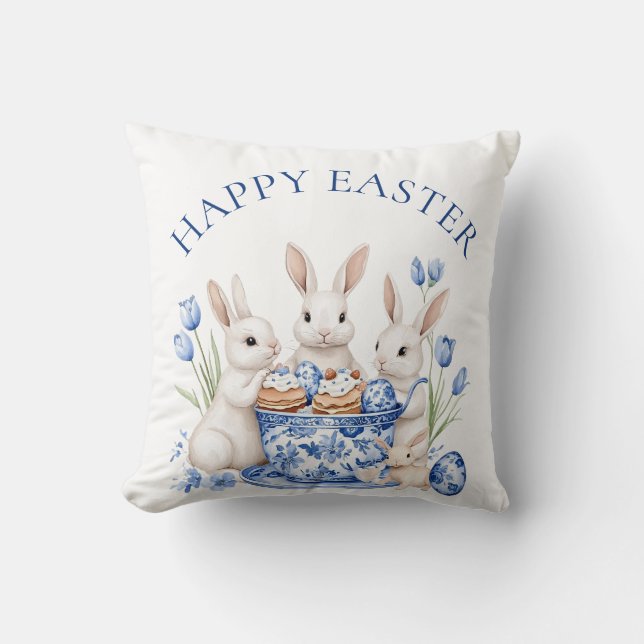 Easter Floral Bunny Chinoiserie Cushion (Front)