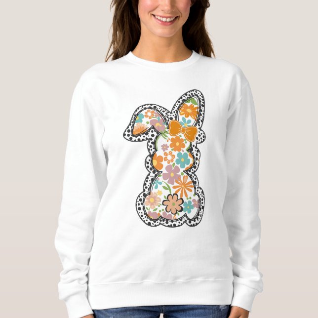 Easter Floral Bunny Leopard Border Happy Easter Sweatshirt (Front)