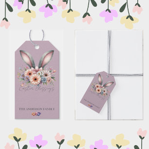 Easter Floral Bunny Rabbit Ears Family Name Purple Gift Tags