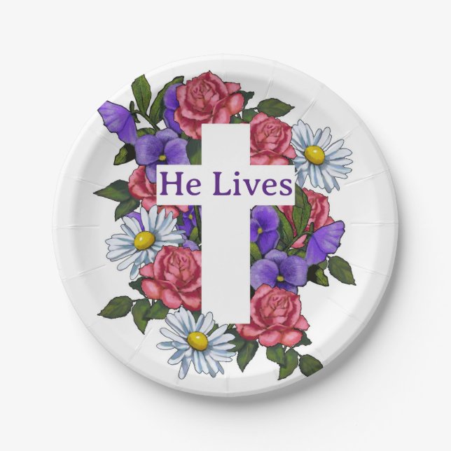 Easter Floral Cross He Lives Paper Plates (Front)
