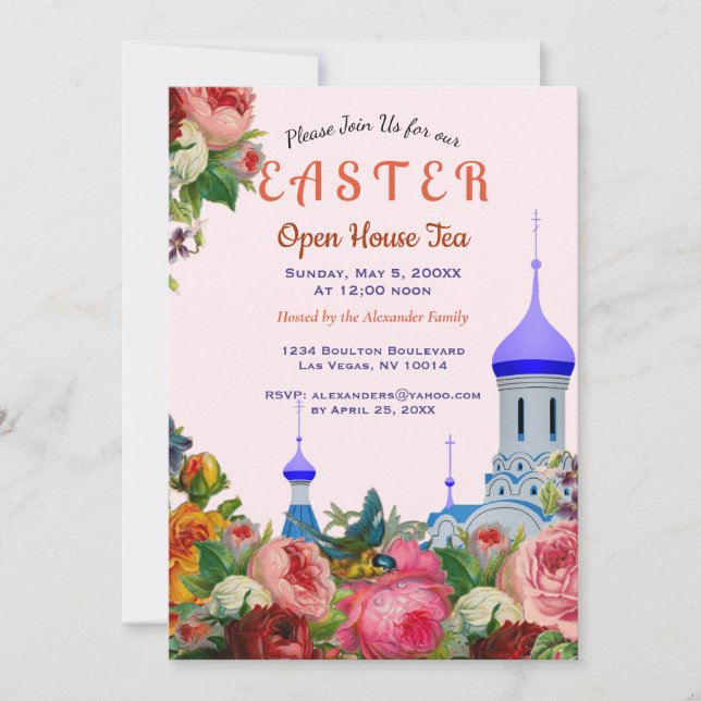 Easter Floral Orthodox Open House Tea Invitation (Front)