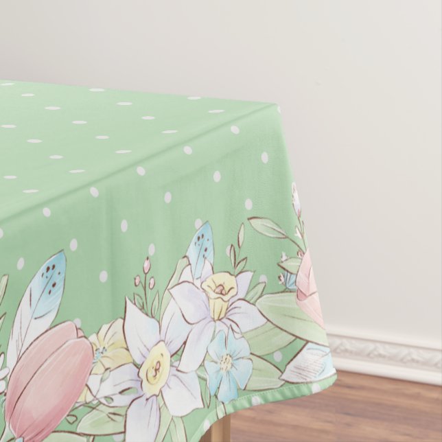Easter Floral Pastel Green Polka Dots Tablecloth (In Situ)