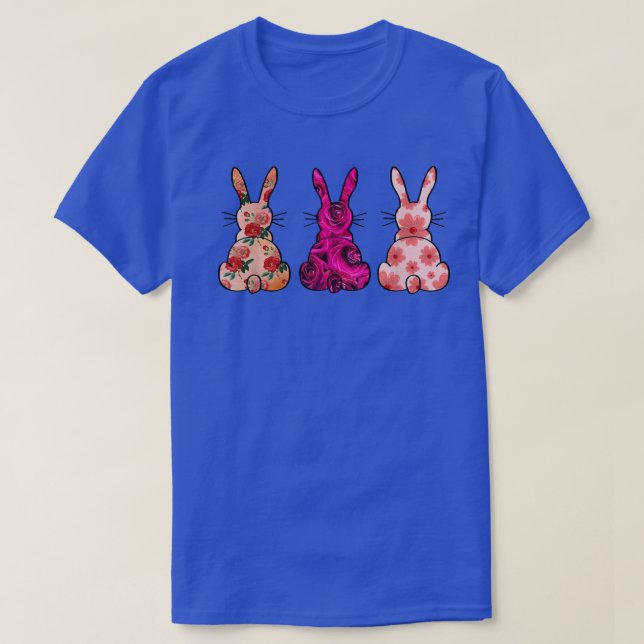 Easter Flower Pattern Bunny Trio Rabbit Easter Bun T-Shirt (Design Front)