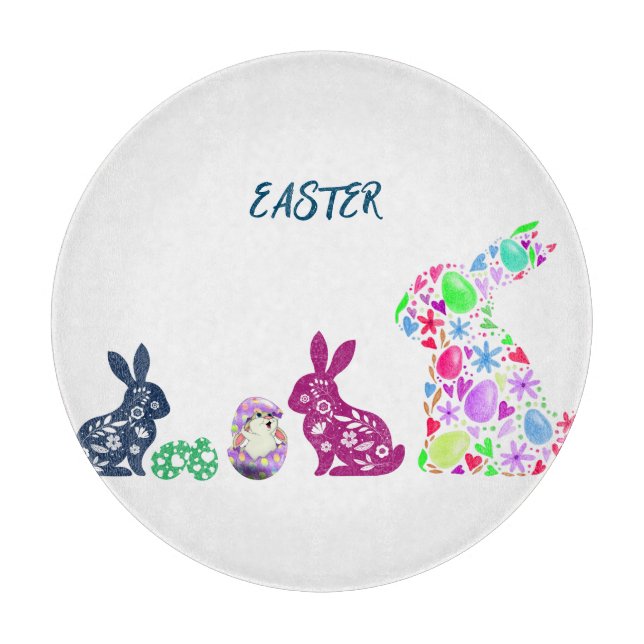 "EASTER" FLOWERED BUNNY'S GLASS  CUTTING BOARD (Front)