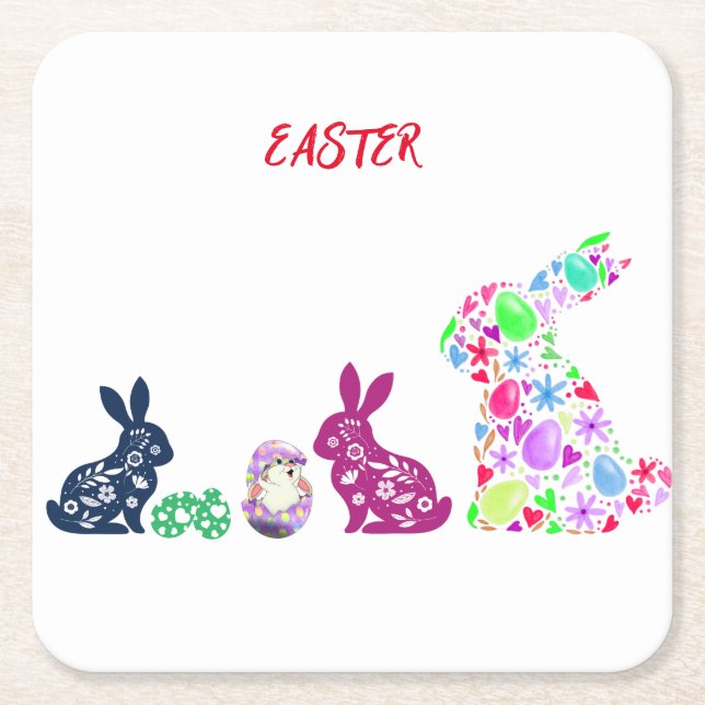 "EASTER" FLOWERED BUNNY'S  SQUARE PAPER COASTER (Front)