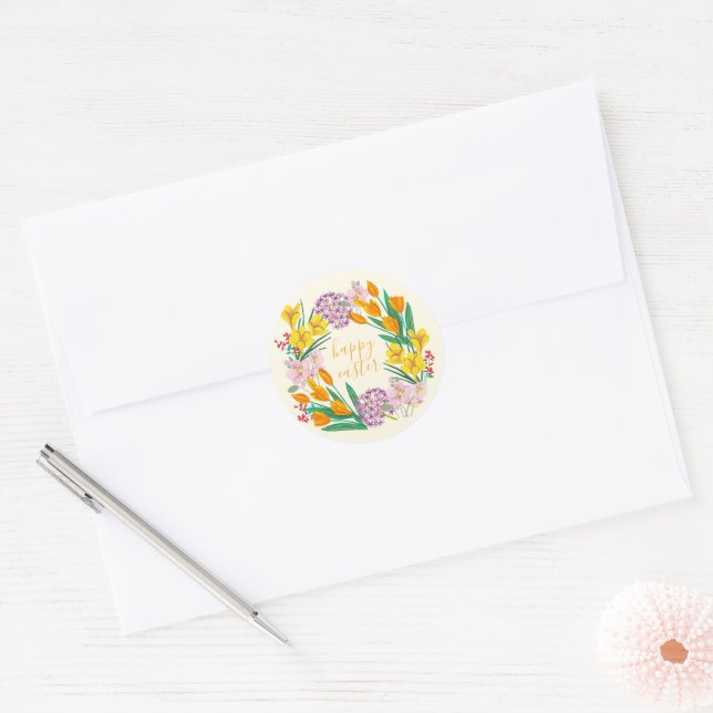 Easter flowers bright colours yellow classic round sticker (Envelope)