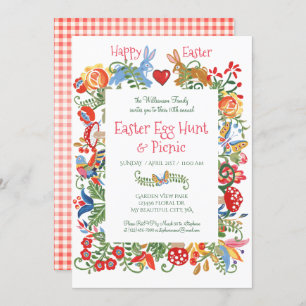 Easter Folk Art Bunny Rabbit Pink Gingham Egg Hunt Invitation
