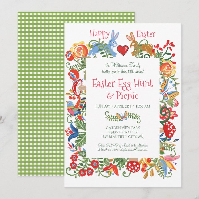 Easter Folk Floral Bunny Rabbit Gingham Egg Hunt Invitation (Front/Back)