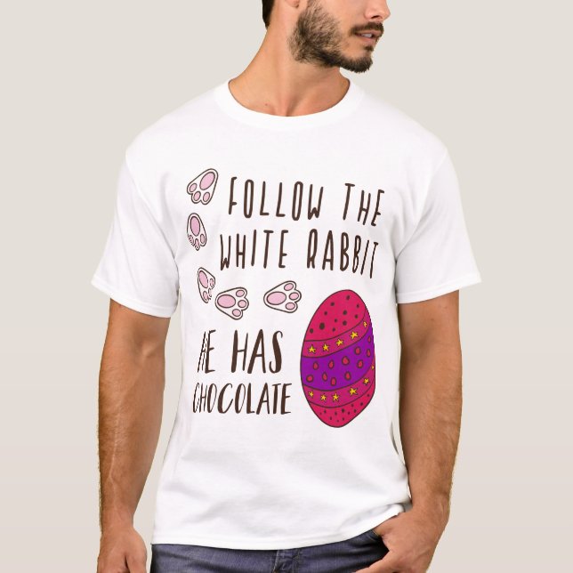 Easter Follow The White Rabbit Funny Humourous T-Shirt (Front)
